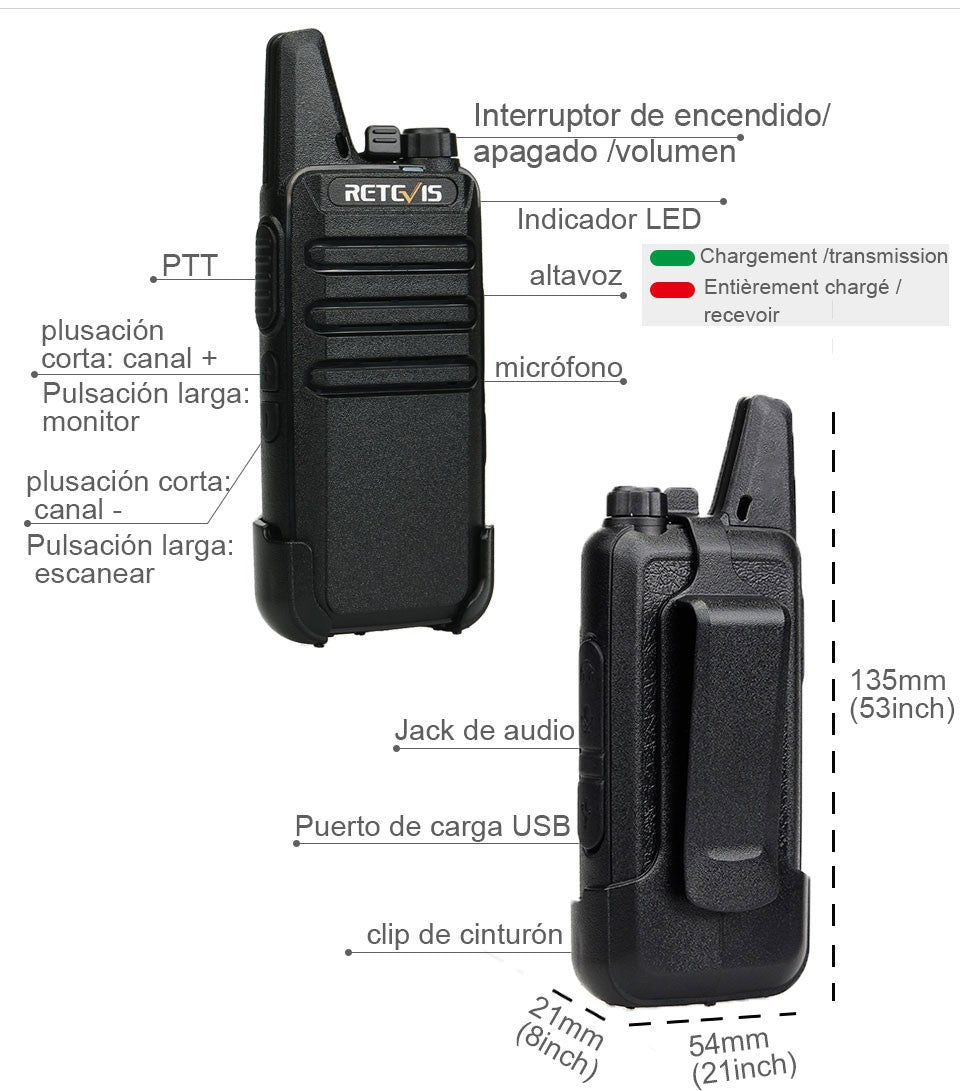 Retevis RT622 Mini Walkie Talkie 2 unidades PMR446 Radio portátil bidireccional